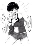  1girl bowl_cut camisole choker cowboy_shot crop_top ear_piercing earrings emphasis_lines flat_chest glasses greyscale highres jacket jewelry midriff monochrome multiple_earrings multiple_rings navel noe_aoikaba o-ring o-ring_choker off_shoulder open_mouth original piercing ring short_hair short_shorts shorts solo translation_request 
