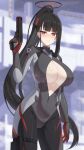 1girl black_bodysuit black_hair black_halo blue_archive blunt_bangs blush bodysuit breasts bright_pupils cleavage closed_mouth commentary covered_navel cowboy_shot english_commentary finger_on_trigger gun hair_ornament halo hand_up handgun highres holding holding_gun holding_weapon holster impossible_bodysuit impossible_clothes large_breasts latex latex_bodysuit long_hair looking_at_viewer multicolored_halo mzrz official_alternate_costume official_alternate_hairstyle partially_unzipped ponytail red_eyes ringed_eyes rio_(blue_archive) rio_(bodysuit)_(blue_archive) sidelocks skin_tight skindentation solo standing steaming_body thigh_holster two-tone_halo variant_set very_long_hair weapon white_pupils zipper_pull_tab 