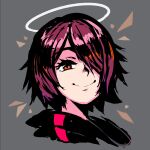  1girl akairiot arknights ben-day_dots commentary english_commentary exusiai_(arknights) grey_background hair_over_one_eye halo highres hood hood_down looking_at_viewer orange_eyes portrait red_hair screentones shadow short_hair smile solo traditional_halo 