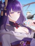  1girl asymmetrical_sleeves bird bird_on_hand blue_pupils blue_sky blurry branch breasts bridal_gauntlets cleavage closed_mouth clothing_cutout commentary depth_of_field fukami_nau genshin_impact hair_ornament highres large_breasts light_smile looking_at_viewer looking_to_the_side mole mole_under_eye multicolored_eyes neck_ribbon off_shoulder outdoors purple_eyes purple_hair raiden_shogun red_ribbon red_sash ribbon sash shade shoulder_cutout sky solo uneven_sleeves upper_body wide_sleeves 