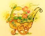  absurdres blush closed_eyes commentary_request flower highres moss no_humans painting_(medium) pink_flower pokemon pokemon_(creature) rowlet simple_background solo traditional_media wagon watercolor_(medium) yellow_flower yukichi_0611 