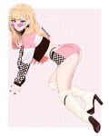  1girl absurdres all_fours ass black_nails black_panties blonde_hair boots breasts choker commentary ear_piercing english_commentary gen.fleur grin high_heel_boots high_heels highleg highleg_panties highres jacket kitagawa_marin long_hair long_sleeves nail_polish panties piercing pink-tinted_eyewear pink_jacket pink_shorts race_queen red_eyes shorts smile solo sono_bisque_doll_wa_koi_wo_suru sunglasses thigh_boots thighs tinted_eyewear underwear white-framed_eyewear white_boots 