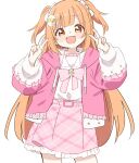  1girl :d absurdres belt bow bowtie commentary cowboy_shot dot_nose double_v dowel_(cyva4545) drawstring egg_hair_ornament food-themed_hair_ornament gem hair_ornament hair_ribbon highres hood hooded_jacket jacket kirara_tamako kirara_tamako_(2nd_costume) long_hair long_sleeves looking_at_viewer nijisanji open_clothes open_jacket open_mouth orange_eyes orange_hair pink_belt pink_bow pink_bowtie pink_jacket pink_skirt plaid_clothes plaid_skirt ribbon sailor_collar shirt simple_background skirt smile solo striped_bow striped_bowtie striped_clothes transparent_background two_side_up v virtual_youtuber white_sailor_collar white_shirt yellow_gem 