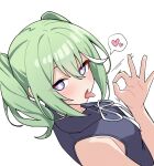  1girl absurdres blush bright_pupils collared_shirt commentary dutch_angle fellatio_gesture green_hair grey_shirt hand_up heart highres korean_commentary looking_at_viewer looking_to_the_side maksagwa medium_hair motion_lines multicolored_eyes neck_ribbon open_mouth purple_eyes ribbon shirt solo speech_bubble spoken_heart stellive tongue tongue_out turning_head twintails two-tone_eyes upper_body virtual_youtuber white_pupils white_ribbon wing_collar yuzuha_riko 