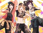  3girls animal_ears bang_dream! bang_dream!_girls_band_party! bear_ears bear_hat black_pants black_shirt black_sleeves blonde_hair brown_cardigan brown_eyes cardigan cardigan_around_waist clothes_around_waist clothes_writing collarbone commentary cowboy_shot crop_top cropped_shirt fake_animal_ears grey_eyes hat highres holding holding_microphone jacket legs_apart long_hair looking_at_viewer microphone multiple_girls navel okusawa_misaki open_clothes open_jacket open_mouth pants pink_hat pink_jacket raglan_sleeves seta_kaoru shirt short_sleeves sparkle_background standing stomach three-quarter_sleeves tsurumaki_kokoro white_shirt yellow_background yellow_eyes yukitake_(bullfalk) 