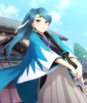  1girl aqua_hair architecture blue_haori blue_sky blunt_ends building clothing_cutout cloud cowboy_shot day dutch_angle east_asian_architecture game_cg grey_hakama hakama haori headband hip_vent holding holding_sword holding_weapon japanese_clothes katana kimono long_hair looking_at_viewer official_art outdoors own_hands_together parted_lips purple_eyes purple_kimono sheath sheathed shinsengumi sky solo sword third-party_source toji_no_miko toji_no_miko:_kizamishi_issen_no_tomoshibi tree tsurime watanuki_kazumi weapon white_headband 