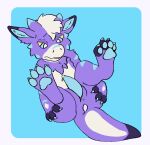 after_sex animal_genitalia anthro bedroom_eyes blue_eyes bodily_fluids chest_fur cum cum_in_ass cum_inside dragon feet foot_focus fur genital_fluids genitals hi_res male mythological_creature mythological_scalie mythology narrowed_eyes pawpads paws penis post purple_body purple_fur saiph_(saiphdragy) saiphdragy scalie seductive sheath solo tapering_penis white_body white_fur