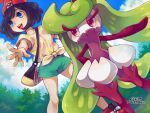  1girl :d aqua_shorts art_academy_(medium) bag beanie black_hair blue_eyes blue_sky cloud commentary_request day dutch_angle floral_print floral_print_shirt grass handbag hat open_mouth outdoors pokemon pokemon_(creature) pokemon_sm print_shirt red_hat saikachi_(ogre_tree) selene_(pokemon) shirt short_hair short_sleeves shorts sky smile swept_bangs teeth tied_shirt tsareena upper_teeth_only 