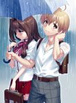  1boy 1girl 3: ahoge arm_behind_head averting_eyes bag belt black_thighhighs blonde_hair blue_eyes blue_umbrella blush bow bowtie brown_belt brown_eyes brown_hair closed_mouth collared_shirt commentary_request commission cowboy_shot dress_shirt eyes_visible_through_hair fidgeting green_pants hair_between_eyes hair_intakes half-closed_eyes hand_up highres holding holding_bag holding_umbrella kanon kitagawa_jun long_hair miniskirt misaka_kaori outdoors pants plaid_clothes plaid_pants playing_with_own_hair pleated_skirt rain red_bow red_bowtie red_skirt school_bag school_uniform second-party_source shared_umbrella shirt short_hair short_sleeves shy sidelocks skeb_commission skirt sweatdrop tareme thighhighs umbrella wet white_shirt zen_(kamuro) zettai_ryouiki 