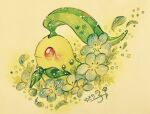  blue_flower blush chikorita closed_mouth commentary_request flower highres leaf no_humans painting_(medium) pokemon pokemon_(creature) red_eyes signature simple_background solo traditional_media watercolor_(medium) yukichi_0611 