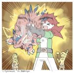  1boy 2girls animal belt brown_hair commentary digimon digimon_(creature) digimon_story:_time_stranger elecmon electricity goggles goggles_on_head green_jacket holding holding_animal jacket misono_inori mrgniteanemone multicolored_jacket multiple_girls pants red_scarf sagisaka_hiroko scarf selfie_stick short_hair symbol-only_commentary two-tone_jacket white_jacket white_pants yuuki_dan 