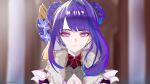  1girl alternate_costume alternate_hairstyle alternate_universe blunt_bangs blurry blurry_background breasts chinese_clothes cleavage closed_mouth covered_collarbone earrings english_commentary expressionless eyeliner fur_trim genshin_impact hair_ornament highres indoors jewelry looking_at_viewer makeup mole mole_under_eye multicolored_hair neck_ribbon purple_eyes purple_hair raiden_shogun red_eyeliner red_ribbon ribbon shindo_(shindoart1) solo streaked_hair upper_body 