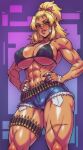 1girl abs ammunition_belt armpit_peek ass_peek bandaged_fingers bandaged_hand bandages bandaid bandaid_on_cheek bandaid_on_face bandaid_on_nose bare_arms bare_legs bare_shoulders bikini black_bra black_nails blonde_hair blue_shorts bra breasts cleavage collarbone commentary csaurageul dark-skinned_female dark_skin denim denim_shorts ear_piercing english_commentary green_eyes grin hair_ribbon hands_on_own_hips high_ponytail highres large_breasts long_eyelashes long_hair looking_at_viewer makeup micro_bikini midriff muscular muscular_female navel navel_piercing obliques original piercing pink_lips ponytail ribbon scar scar_on_arm scar_on_cheek scar_on_face scar_on_shoulder scar_on_thighs shiny_skin short_shorts shorts sideboob smile standing swimsuit thick_thighs thighs underboob underwear 