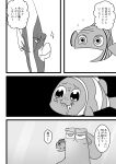 2018 absurd_res comic dialogue disney dory_(finding_nemo) feral finding_dory finding_nemo fish giant_pacific_octopus gill_(finding_nemo) group hank_(finding_dory) happy hi_res japanese_text male_(lore) marine marlin_(finding_nemo) monochrome narrowed_eyes nemo_(finding_nemo) open_mouth pixar shirata_wagashi simple_background smile speech_bubble striped_body stripes text translation_request yelling