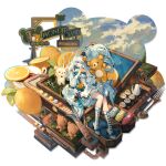  1girl animal_ears arknights bear_ears bear_girl boots cup doll gummy_(arknights) heterochromia highres istina_(arknights) knee_boots leto_(arknights) long_hair matryoshka_doll official_alternate_costume official_art rilakkuma rosa_(arknights) simple_background skade solo teacup teapot very_long_hair white_boots white_hair zima_(arknights) 