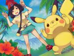  1girl aqua_shorts art_academy_(medium) bag beanie black_hair blue_sky closed_eyes cloud commentary_request day dutch_angle floral_print floral_print_shirt flower grass handbag hands_up hat hibiscus legs_apart mountainous_horizon open_mouth outdoors palm_tree pikachu pokemon pokemon_(creature) pokemon_sm print_shirt red_flower red_hat saikachi_(ogre_tree) selene_(pokemon) shirt shoes short_hair short_sleeves shorts sky standing swept_bangs teeth tied_shirt tree upper_teeth_only z-move_trainer_pose z-ring 