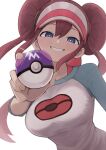  1girl blue_eyes blush breasts brown_hair commentary_request donut_hair_bun double_bun grin hair_bun hat highres holding holding_poke_ball large_breasts long_hair looking_at_viewer master_ball open_mouth poke_ball poke_ball_print pokemon pokemon_bw2 raglan_sleeves rosa_(pokemon) shirt simple_background smile solo teeth twintails visor_cap white_background yuzuchiri 