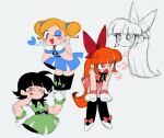  3girls adapted_costume alternate_costume angry belt black_belt black_hair black_thighhighs blonde_hair blossom_(ppg) blue_dress blue_eyes blue_eyeshadow blue_scrunchie bow bright_pupils bubbles_(ppg) buckle buttercup_(ppg) dress earrings eyeshadow gloves green_dress green_eyes hair_bow hair_ornament hair_scrunchie half-closed_eyes hands_on_own_cheeks hands_on_own_face heart heart-shaped_buckle highres jewelry leaning_forward long_hair looking_at_viewer makeup marcy_bun627 middle_finger multiple_girls one_eye_closed open_mouth orange_hair pink_dress pink_eyes powerpuff_girls puff_of_air red_bow scrunchie short_hair siblings sisters sketch sleeveless sleeveless_dress smile stud_earrings thighhighs tongue tongue_out triplets twintails v-shaped_eyebrows very_long_hair white_gloves white_pupils 