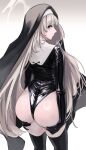  1girl absurdres arms_at_sides ass ass_focus ass_support black_leotard black_thighhighs black_veil blue_archive closed_mouth cowboy_shot from_behind gloved_sleeves gradient_background grey_background grey_hair guimpe halo highleg highleg_leotard highres huge_ass latex latex_leotard leotard light_smile long_hair looking_at_viewer looking_back nun presenting presenting_ass profile red_eyes ring_light_reflection sakurako_(blue_archive) sakurako_(justina_uniform)_(blue_archive) shima shiny_clothes shiny_skin simple_background skindentation sleeved_leotard solo standing thighhighs turning_head veil very_long_hair wedgie white_background white_halo 