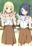  2girls absurdres blonde_hair blue_eyes blue_hair blush bow bowtie braid brown_skirt chalkboard classroom commentary_request green_eyes highres holding holding_panties holding_underwear holding_unworn_clothes indoors liko_(pokemon) lillie_(pokemon) long_hair looking_at_viewer medium_hair medium_skirt multiple_girls negimiso1989 panties pleated_skirt pokemon presenting_removed_panties red_bow red_bowtie school_uniform shirt side_braids skirt standing striped_clothes striped_panties tears underwear white_shirt 