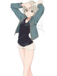  2girls anastasia_(idolmaster) arms_up black_shirt blue_eyes blue_jacket breasts character_request clenched_hand commentary crossed_legs feet_out_of_frame grey_hair idolmaster idolmaster_cinderella_girls jacket long_sleeves looking_at_viewer medium_breasts multiple_girls open_hand shirt short_hair short_shorts shorts simple_background solo_focus standing watson_cross white_background white_shorts yukitake_(bullfalk) 