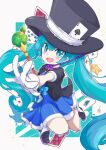  1girl ace_(playing_card) aqua_eyes aqua_hair black_jacket blue_dress boots card commentary_request dress full_body gem gloves green_gem hair_between_eyes hair_ornament hat hatsune_miku highres holding holding_wand jacket knee_boots long_hair magical_mirai_(vocaloid) magical_mirai_miku magical_mirai_miku_(2013) official_alternate_costume official_alternate_hairstyle open_mouth playing_card short_sleeves smile solo star_(symbol) star_in_eye symbol_in_eye top_hat twintails very_long_hair vocaloid vorusan_(volver39) wand white_boots white_gloves 