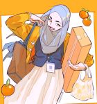  1girl blue_vest brown_bag brown_eyes commentary english_commentary food fruit grey_hijab highres hijab jacket lanyard looking_at_viewer open_clothes open_jacket orange_(fruit) orange_jacket original skirt solo vest white_skirt winchestermegg 
