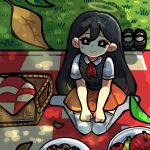  1girl apple ayam_bulan black_eyes black_hair black_shoes black_sweater_vest blush bright_pupils checkered_blanket closed_mouth collared_shirt commentary day food fruit hair_behind_ear halo highres long_hair looking_at_viewer mari_(faraway)_(omori) mari_(omori) neckerchief omori outdoors pear picnic_basket picnic_blanket plate pleated_skirt red_neckerchief red_skirt shirt shoes short_sleeves sitting skirt smile solo sweater_vest symbol-only_commentary thighhighs traditional_halo twitter_username unworn_shoes wariza white_pupils white_shirt white_thighhighs 