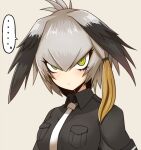  ... 1girl black_hair black_shirt breast_pocket breasts closed_mouth collared_shirt commentary_request eyelashes green_eyes grey_background grey_hair hair_between_eyes head_wings kemono_friends konohana_saku looking_at_viewer multicolored_hair necktie pocket shirt shoebill_(kemono_friends) simple_background solo spoken_ellipsis upper_body white_necktie wings 