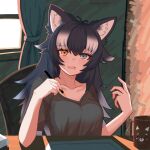  1girl animal_ears black_hair blue_eyes blush breasts casual cleavage collarbone commentary_request cup fang grey_wolf_(kemono_friends) heterochromia highres holding holding_pen kemono_friends large_breasts long_hair looking_at_viewer mug multicolored_hair nijiiro_(graynbow_wolf) pen shirt skin_fang solo t-shirt tail two-tone_hair white_hair wolf_ears wolf_girl wolf_tail yellow_eyes 