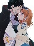  1boy 1girl aged_up bangle bikini bikini_top_only black_bikini black_coat black_hair blush bracelet breasts chatubo closed_eyes closed_mouth coat coat_on_shoulders commentary earrings eyewear_on_head facial_hair facing_another from_side grin hair_behind_ear height_difference highres hug jewelry large_breasts looking_at_another mature_female mature_male monkey_d._luffy nami_(one_piece) one_piece orange_hair pearl_earrings profile shirt short_hair shoulder_tattoo smile sunglasses swimsuit tattoo upper_body wavy_hair white-framed_eyewear white_background white_shirt 