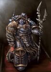  1boy absurdres adeptus_astartes armor full_armor full_body gun helmet highres holding holding_gun holding_staff holding_weapon iron_warriors little_sun looking_at_viewer mask pauldrons planted plasma_pistol power_armor shoulder_armor skull_mask solo staff warhammer_40k weapon 