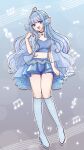  1girl ahoge alpha_betta_(vtuber) bass_clef beamed_eighth_notes blue_background blue_boots blue_choker blue_eyes blue_hair blue_nails blue_shawl blue_shorts blue_skirt boots braid breasts choker cleavage crescent_ornament crop_top eighth_note english_commentary fins full_body gradient_background grey_background hakamii head_fins highres knee_boots long_hair midriff musical_note musical_note_background musical_staff nail_polish open_mouth overskirt quarter_note second-party_source see-through_clothes shawl shorts sidelocks skirt treble_clef v-dere very_long_hair virtual_youtuber 
