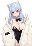  1girl aningay aningay_(vtuber) bare_shoulders black_bow black_bowtie black_leotard blue_hair blush bow bowtie breasts cleavage commentary_request detached_collar highres indie_virtual_youtuber jacket korean_commentary large_breasts leotard long_hair off_shoulder open_clothes open_jacket open_mouth red_eyes short_eyebrows solo thick_eyebrows transparent_background virtual_youtuber white_jacket 