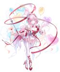  1girl balloon beret breasts cleavage diamond-shaped_pupils diamond_(shape) dress earrings elf elysia_(hi_love_elf)_(honkai_impact) elysia_(honkai_impact) gloves hair_ornament hashtag-only_commentary hat heart heart_balloon heart_earrings heart_hair_ornament high_heels highres holding_ribbon_baton honkai_(series) honkai_impact_3rd jewelry large_breasts long_hair looking_at_viewer multicolored_hair neon_(pixiv_31150749) pink_hair pointy_ears purple_eyes red_ribbon ribbon single_glove smile solo symbol-shaped_pupils thighhighs two-tone_hair very_long_hair white_dress white_gloves white_hair white_thighhighs 