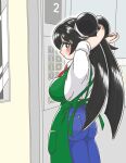  1girl adjusting_hair annoyed apron arms_up ass black_eyes black_hair blue_pants breasts commentary_request denim double_bun elevator green_apron hair_bun harashima_rojami highres huge_breasts jeans kazkitashima low_twintails ministry_of_land_infrastructure_and_transportation original pants poster_(object) sleeves_rolled_up solo twintails 