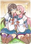  2girls akashi_(kancolle) artist_name black_hair blue_eyes blue_sailor_collar blue_skirt blunt_tresses brown_thighhighs clothing_cutout glasses green_eyes hair_ribbon hashtag-only_commentary hip_vent hiyohiyo kantai_collection layered_sleeves long_sleeves multiple_girls neckerchief ooyodo_(kancolle) pink_hair pleated_skirt red_neckerchief ribbon sailor_collar school_uniform serafuku short_over_long_sleeves short_sleeves skirt thighhighs tress_ribbon twitter_username 