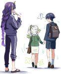  ! 1boy 2girls alternate_costume alternate_universe arms_at_sides asymmetrical_pants backpack bag black_eyes black_hair black_jacket black_pants black_shoes black_shorts black_sleeves blazer blunt_ends blush braid brown_sandals brown_shoes casual clenched_hand colored_tips commentary_request contemporary dango eyelashes eyeliner facing_another facing_away fan_hair_ornament feathers flip-flops flower flying_sweatdrops food from_behind full_body genshin_impact green_hair green_jacket green_sleeves grey_bag grey_hair hair_flower hair_ornament half_crown_braid hand_up height_difference highres holding holding_hands holding_skewer jacket kiyokezo korean_commentary layered_sleeves leaf leaf_hair_ornament long_hair looking_at_another low-braided_long_hair low-tied_long_hair makeup mid-stride multicolored_hair multiple_girls nahida_(genshin_impact) office_lady pants pencil_skirt pointy_ears purple_flower purple_hair raiden_shogun red_eyeliner sandals sanshoku_dango scaramouche_(genshin_impact) school_uniform shoes shorts side_ponytail sidelocks skewer skirt socks spoken_exclamation_mark standing streaked_hair suit_jacket surprised sweatdrop tassel tassel_hair_ornament track_jacket track_pants wagashi walking white_background white_skirt white_sleeves white_socks white_trim wide-eyed yellow_feathers 