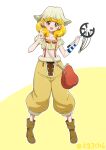  1girl absurdres bag blonde_hair boots brown_boots brown_eyes capri_pants carrying commentary_request commission company_connection cosplay cropped_shirt hat highres holding_slingshot kagami_chihiro kise_yayoi looking_at_viewer medium_hair one_piece open_mouth pants partial_commentary pixiv_commission precure satchel shirt short_sleeves single_bracer smile smile_precure! solo standing suspender_pants twitter_username two-tone_background usopp usopp_(cosplay) v white_background white_hat yellow_background yellow_pants yellow_shirt 