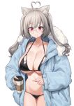  1girl ahoge animal_ear_fluff animal_ears aningay bikini black_bikini blonde_hair blue_coat breasts closed_mouth coat commentary_request copyright_request cowboy_shot cup fur-trimmed_coat fur_trim glasses heart heart_ahoge highres holding holding_cup huge_breasts korean_commentary long_hair looking_at_viewer navel open_clothes open_coat outline red_eyes smile solo swimsuit transparent_background 