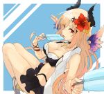  1girl bare_shoulders bikini black_bikini black_horns blonde_hair breasts cleavage commentary_request dark_angel_olivia feathered_wings flower food granblue_fantasy hair_flower hair_ornament highres holding holding_food holding_popsicle horns layered_bikini long_hair looking_at_viewer medium_breasts mini_wings popsicle purple_wings red_eyes red_flower solo swimsuit tongue tongue_out white_bikini wings yakota_(usuk-yako) 