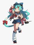  1girl :3 absurdres animal_hat bandaid bandaid_on_cheek bandaid_on_face bandaid_on_knee bandaid_on_leg bandaid_on_shoulder bare_shoulders black_shoes blue_hair blue_hat blue_sailor_collar blue_skirt blush bow bowtie brown_eyes cat_girl cat_hat cat_tail closed_mouth commentary double-parted_bangs english_commentary full_body hair_between_eyes hair_ornament hat highres holding holding_walkie-talkie jacket leg_warmers long_hair long_sleeves looking_at_viewer miniskirt off_shoulder open_clothes open_jacket original plaid_clothes plaid_skirt pleated_skirt porforever red_bow red_bowtie red_jacket roller_skates sailor_collar school_uniform serafuku shirt shoes sidelocks simple_background skates skirt sleeveless sleeveless_shirt smile solo standing standing_on_one_leg tail tail_bow tail_ornament walkie-talkie white_background white_leg_warmers x_hair_ornament 
