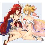  2girls bare_shoulders bikini black_bikini blonde_hair blue_eyes breasts cleavage collarbone commentary_request europa_(granblue_fantasy) feather_hair_ornament feathers feeding flower food godsworn_alexiel granblue_fantasy hair_flower hair_ornament heart heart-shaped_eyewear highres holding holding_removed_eyewear long_hair medium_breasts multiple_girls red_hair sandals shaved_ice short_hair simple_background sitting sunglasses swimsuit tiara unworn_eyewear very_long_hair white_bikini white_feathers yakota_(usuk-yako) yellow_flower yokozuwari 