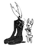 ambiguous_gender anthro arachnid armless arthropod boopie chair duo first_aid_kit furniture hi_res hollow_knight_(character) hollow_knight_(franchise) horn insect looking_at_another medical_instrument monochrome on_chair on_kness patch_(fabric) scientific_instrument simple_background team_cherry the_knight_(hollow_knight) void_(hollow_knight) white_background wounded