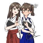  !? 2girls akagi_(kancolle) blue_hakama blush brown_eyes brown_hair commentary_request hakama half-heart_hands hand_up japanese_clothes kaga_(kancolle) kantai_collection kimono long_hair looking_at_another medium_hair multiple_girls muneate red_hakama sabakanbasupisu side_ponytail signature simple_background smile tasuki white_background white_kimono 
