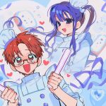  1boy 1girl akane_aoi aoi_akane apron blush buttons chef chef_hat commentary glasses glowstick hat heart heart-shaped_pupils highres holding holding_glowstick jibaku_shounen_hanako-kun jiu_zhi_jun_(kipll_bobo) long_hair mini_chef_hat mini_hat open_mouth purple_hair red_hair short_hair sidelocks smile symbol-shaped_pupils untranslatable_commentary 