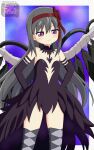  1girl akemi_homura akuma_homura argyle_clothes argyle_thighhighs bare_shoulders black_collar black_dress black_feathers black_hair black_sleeves bow breasts closed_mouth collar detached_collar detached_sleeves dress feathered_wings feathers feet_out_of_frame hair_bow hair_ribbon hand_on_own_hip highres ikemaziro long_hair looking_at_viewer purple_background purple_sleeves red_bow red_ribbon ribbon small_breasts solo standing wings 