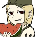  1girl blonde_hair brown_eyes collarbone crop_top fang food fruit green_tank_top grin holding holding_food holding_fruit limestone_(artist) looking_at_viewer marichka no_jacket non-web_source original russo-ukrainian_war sharp_teeth short_hair smile solo sticker tank_top teeth watermelon 