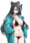  1girl aningay aqua_hair aqua_jacket asymmetrical_bangs bikini black_bikini black_hair breasts butterfly_hair_ornament cleavage closed_mouth collarbone colored_inner_hair commentary_request cone_hair_bun cowboy_shot hair_bun hair_ornament highres indie_virtual_youtuber jacket korean_commentary large_breasts long_hair looking_at_viewer multicolored_hair navel open_clothes open_jacket red_eyes shiny_skin solo standing swimsuit transparent_background very_long_hair virtual_youtuber wavy_hair 