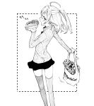  1girl aeria_(eudetenis) ahoge ass bag blush brand_name_imitation breasts commentary eating elf eudetenis familymart feet_out_of_frame flat_ass food from_behind glasses highres holding holding_food instant_noodles medium_hair monochrome open_mouth original pointy_ears ponytail ribbed_sweater ribbed_thighhighs rimless_eyewear round_eyewear shopping_bag short_ponytail small_breasts solo sweater thighhighs turtleneck turtleneck_sweater yakisobapan 
